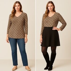 Hearts of Palm Geometric Brown and Cream Blouse